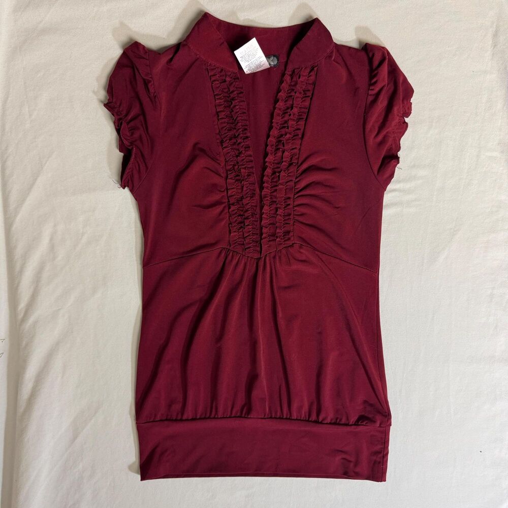 Burgundy Blouse Womens Medium Shirt Ruffled Top Short Sleeve Stretch Office Work